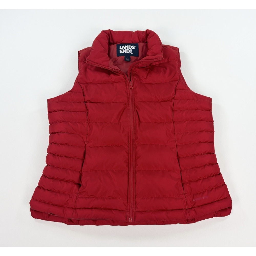 Lands' End Red Puffer Vest Women's Large 14-16 Down Filled Full Zip Winter